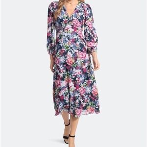 🌺London Times Floral Print Crepe Long Sleeve Shirred Ruched V-Neck Midi Dress🌺